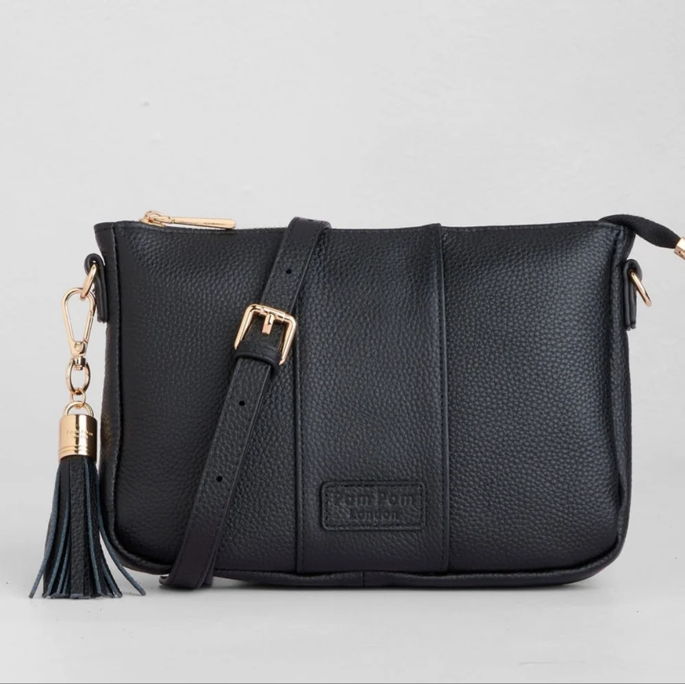 Pom Pom London City Slim Bag Black Leather Strap Purse - Picture 2 of 6